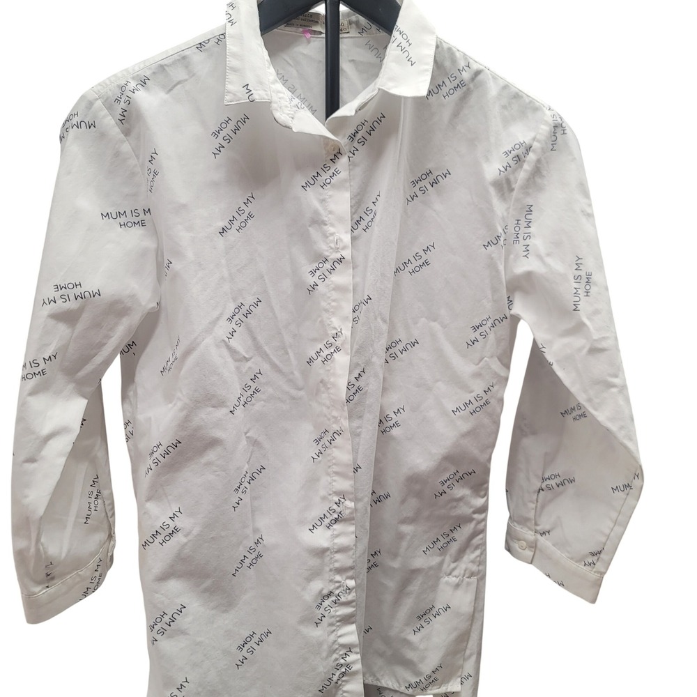 Zara Girls White Mum Is My Home Graphic Button Down Shirt‎ Size 10